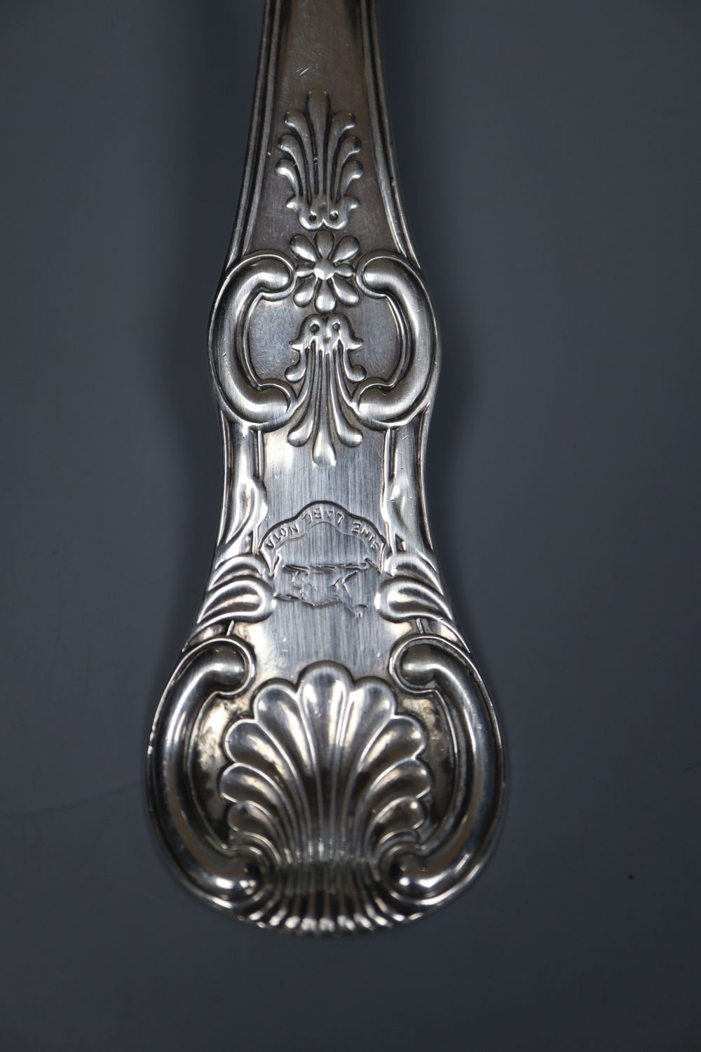 A William IV Scottish silver Queens pattern soup ladle, A*A, Glasgow, 1831, 36cm, 8.5oz.